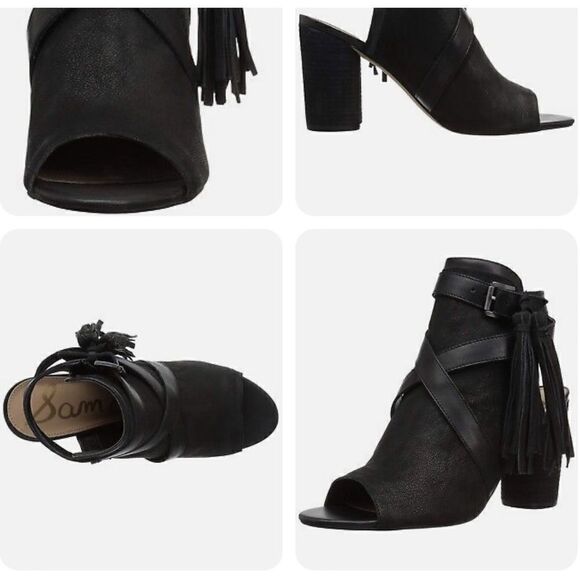 Sam Edelman Vermont Black Leather Peep Toe Cross Strap Tassel Ankle Boot - Picture 2 of 16
